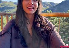 The natural teen slut sucks her boyfriend's cock in the forest and swallows cum.