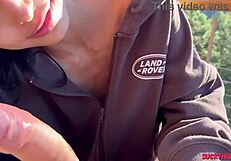 The natural teen slut sucks her boyfriend's cock in the forest and swallows cum.