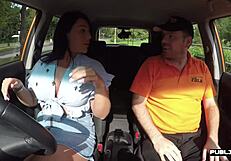 British babe rides instructor in public car lesson