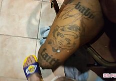 Tattooed ebony woman performs slow-motion blowjob and deepthroat on monster cock