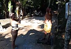 wife rims husband's best friend's ass, sucks his big black cock, then gets fucked in amazon and creampied in doggy