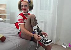 lady medusa as harley quinn moans during deepthroat blowjob with big cock
