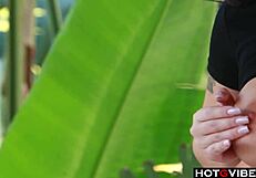 Watch this curvy brunette rub her pussy outside?