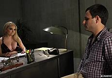 At the clinic, a dominant MILF owner anal fingers a bound male slave. Her bizarre toys intensify the rough femdom session.