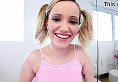 A 19-year-old blonde performs a pov blowjob with no hands and swallows a huge load.