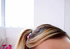 A 19-year-old blonde performs a pov blowjob with no hands and swallows a huge load.