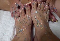 Footplay with two cute girls, shiny legs, huge toy