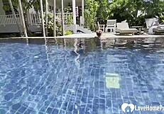 hot babe swims, strips, and grabs my cock poolside for some steamy teasing