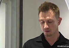 Blonde woman in restraint experiences unusual activity