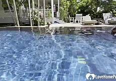 hot babe swims, strips, and grabs my cock poolside for some steamy teasing