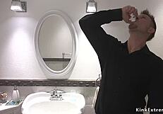 Blonde woman in restraint experiences unusual activity