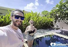 Baby has a rest on the bank of the pool and gets fucked
