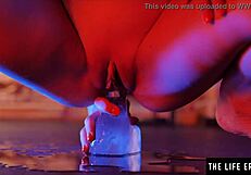 Petite girl fucks tight asshole with huge ice dildo