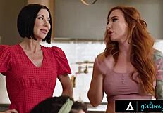 girlsway scene where besties alexis tae and chloe surreal get caught scissoring by stepmoms sophia locke and brooke barclays. they join in with toys and face sitting