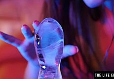 Petite girl fucks tight asshole with huge ice dildo