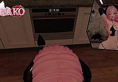 cat girl cosplays succubus for halloween, teasing with poses to make you finish in her mouth