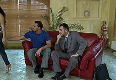 threesome with a brunette milf in stockings