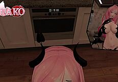 cat girl cosplays succubus for halloween, teasing with poses to make you finish in her mouth