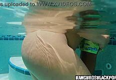 Ebony milf with huge ass sucks cock by pool before getting pounded hard.