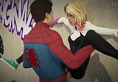 Spiderman and Gwen are fucking on the roof in this intense scene