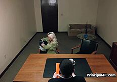 Throating and titty fucking a lustful housewife in the principal's office on hidden cam