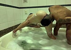 Damn, pounding a 58-year-old lady hard in foamy hot tub!