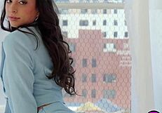 Elegant teen secretary poses after work!