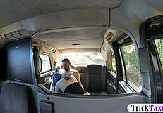 Horny couple fucks wildly in a public cab.