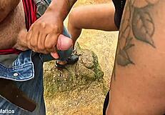 Damn, Anne’s wet beach orgy with surprise cumshot!