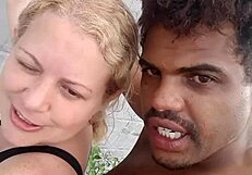 Blonde with big tits gives blowjob to monster black cock in interracial video call