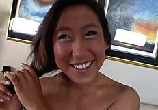 asian mom in fishnets bends over for big cock handjob and sucking