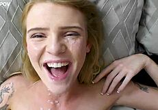 Nora Ivy LICKS big tits and SUCKS big cock for FACIAL in homemade scene!