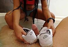 shoejob and creampie masturbating with shoes till cumming