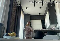Why does the sexy fit brunette do housework without panties, flashing her shaved pussy and big ass?