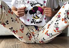 Skinny teen 18+ in pajamas with small tits enjoying a wild squirting orgasm.