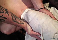 Brunette in one-leg inverted suspension endures harsh whipping.