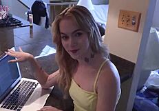 Nasty Sage bends over for stepdad's quickie while mom's away, Seth Brogan creampies her wet pussy.