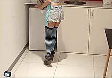 spying on busty brunette latina stepmother cleaning the house. her big ass and natural tits bounce with every move.