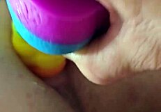 brunette amateur uses rainbow dildo for anal gaping creampie!