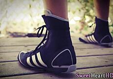 This teen lesbian in heels dives into tasting that box with her group! 😍