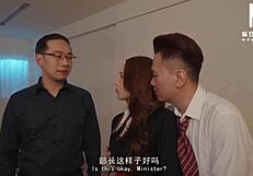 Asian Stewardess Bent Over for Threesome! Footjob and Riding Action.