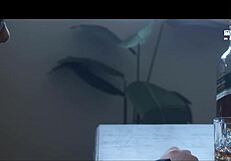 Asian Stewardess Bent Over for Threesome! Footjob and Riding Action.