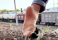 Tan Nylon Soles With Blue Jeans Teasing On The Bench