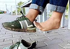 Tan Nylon Soles With Blue Jeans Teasing On The Bench