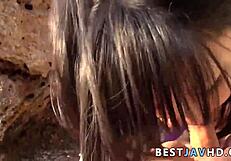 Megumi Haruka, a first-time Japanese slut, gives outdoor blowjob and handjob.