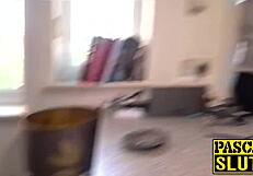 Busty inked british babe dominated and fed with big cock