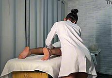 skinny brunette masseuse fucks well-endowed client