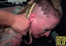 Busty inked british babe dominated and fed with big cock