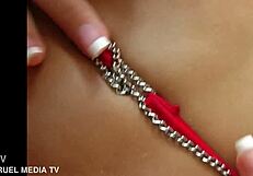 Blonde model in bikini uses dildo for tight pussy and ass masturbation with stockings.