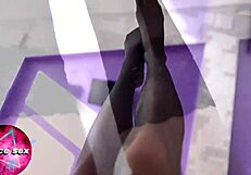 Teen fingering in stockings reaches orgasm with camera